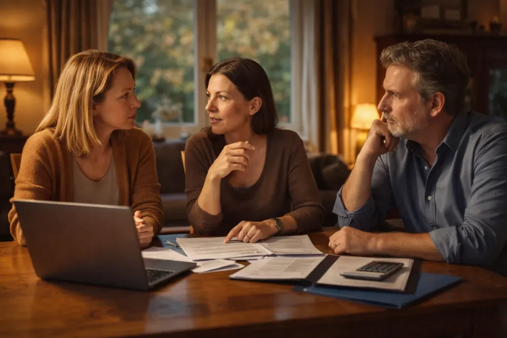 Drei Geschwister beim gemeinsamen Gespräch über den Immobilienverkauf