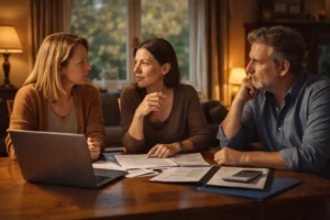 Drei Geschwister beim gemeinsamen Gespräch über den Immobilienverkauf