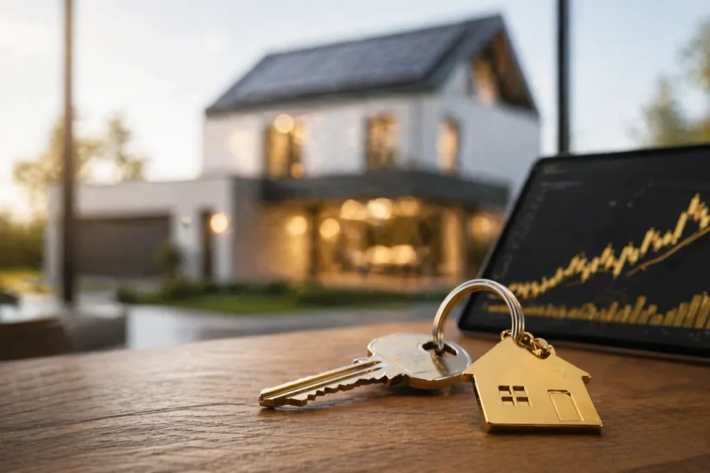 Immobilienmarkt Paderborn Q1 2026 – Hausschlüssel und steigende Preiskurve als Symbol für Trendwende nach EZB-Zinssenkung